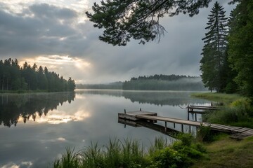 Luxury lakeside patio deck with seating and furniture. Serene waterfront view dock and private shoreline. Outdoor living landscape for travel branding .marketing visuals premium pro kit.