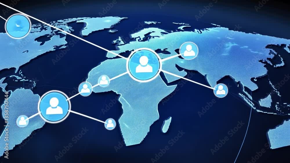Poster global digital network with interconnected nodes representing communication, technology, and virtual