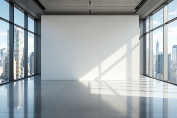 Obraz premium Spacious modern office interior with large windows and an empty white wall. Sunlight casts shadows on the floor. Ideal for presentations or design mockups. Ai generative