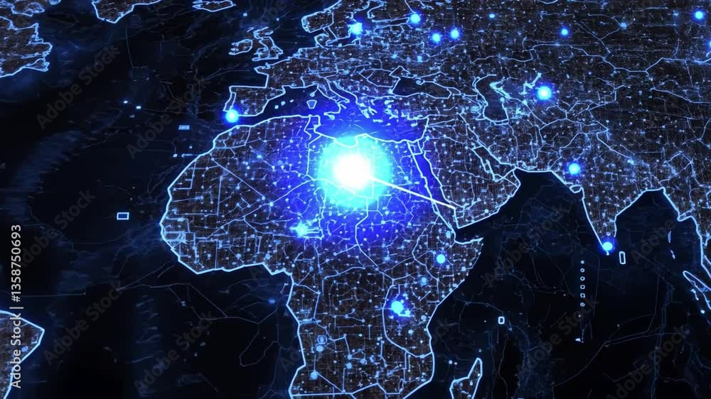 Poster illuminated digital world map with blue network connections and technological data visualization for