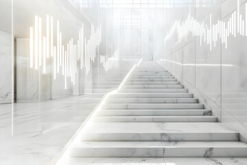 Fototapeta premium Bright white marble staircase leading upwards with graphic overlay of waves