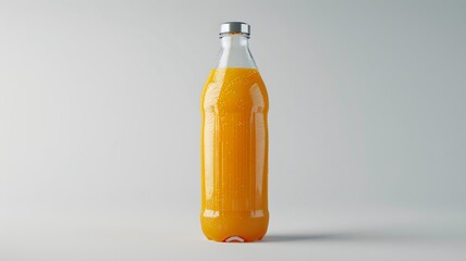  A sleek orange juice bottle with vibrant juice inside, placed on a pure solid white background, showing sharp details and colors. 
