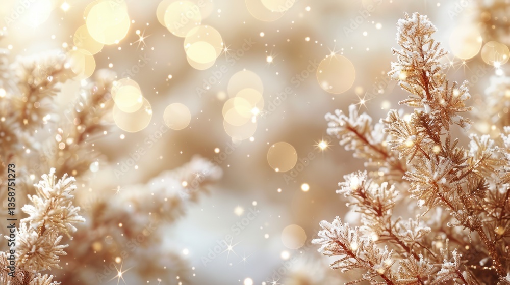 Poster frosted pine branches against a golden bokeh background with sparkling lights