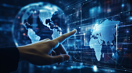 Digital twin technology in business, symbolizing the integration of AI and futuristic innovations on a global scale.

