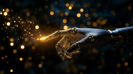 A human hand reaching or touching the finger of an artificial intelligence robot