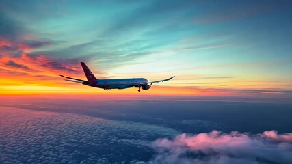 Majestic airplane soaring through colorful sunset skies over ocean waves