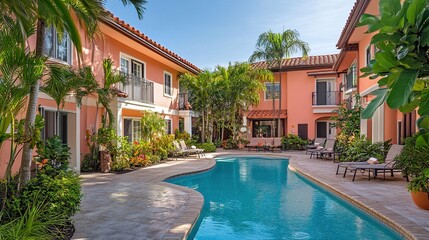 Fototapeta premium Charming apartment community featuring pastel-colored facades a wide courtyard with a pool, and warm lighting creating a cozy ambiance. 