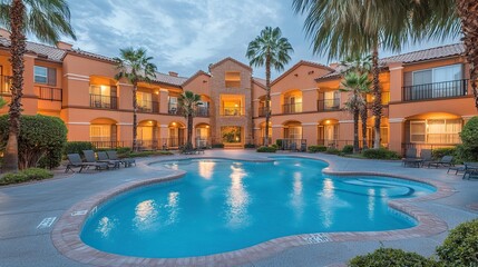 Fototapeta premium Charming apartment community featuring pastel-colored facades a wide courtyard with a pool, and warm lighting creating a cozy ambiance. 