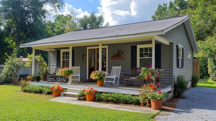 Charming grey home with a front porch adorned with rocking chairs and flower pots attached garage and vibrant landscaping inviting ambiance.  