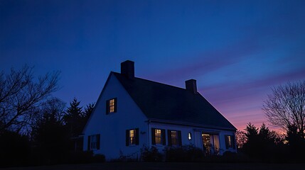 Charming white home with twin peaks and a dark roof illuminated by the last rays of a setting sun against a deep blue sky.  