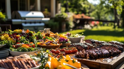 Obraz premium Summer BBQ Feast: Grilled Meat and Fresh Salad on Rustic Wooden Table in Sunny Garden