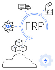 ERP surrounded by gear icon, warehouse boxes, cloud symbol, manufacturing plant, and delivery truck. Ideal for logistics, manufacturing, cloud computing, technology supply chain business
