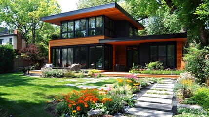 Fototapeta premium Chic cubic house showcasing a mix of textured wood and sleek black walls vibrant landscaping with colorful flowers and stone paths crisp sunlight. 