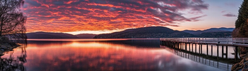 Fototapeta premium A stunning sunset casts vibrant hues of orange, pink, and purple across the sky, reflecting on the calm surface of a serene lake. A wooden dock extends into the water, inviting tranquility.