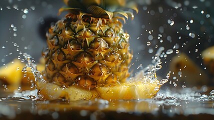  The moment a pineapple slice drops into pineapple juice on the ground, with droplets flying and the scene captured in perfect clarity. 
