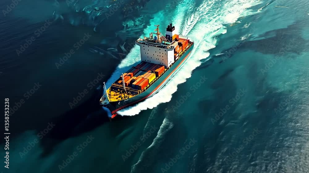 Aufkleber aerial view of cargo ship navigating through waves in turquoise ocean with splashes and wake trails 