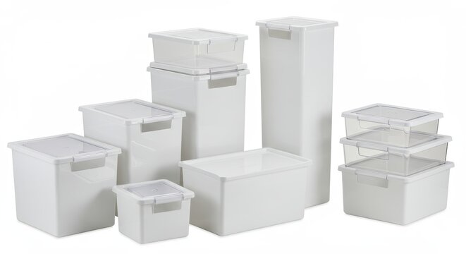White plastic storage containers with clear lids for organizing and decluttering spaces