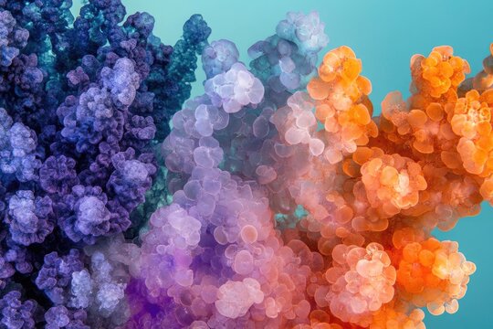 Abstract image of colorful, clustered formations resembling coral or flowers, vibrant hues in purple, orange, and white.