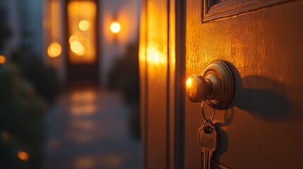 Obraz premium Classic house door slightly open with a key inserted, warm golden light spilling out into a dim hallway cozy and inviting vibe. 
