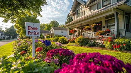 Classic suburban house with a "Home For Sale" sign on the curb neat flower beds and a welcoming front porch sunny, clear weather.  