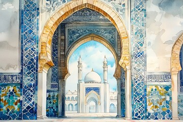 Obraz premium Watercolor painting of a serene mosque entrance with graceful arches and colorful tiles. The soft sky frames the intricate details, on isolated white background