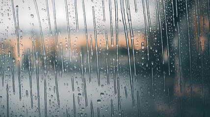 Rainy window view blurred cityscape water droplets