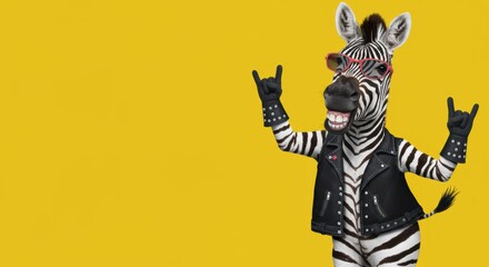 Fototapeta premium Zebra rockstar in sunglasses and leather vest making hand signs on yellow background