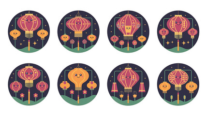 Cute lanterns, glowing in the night. A festive display.
