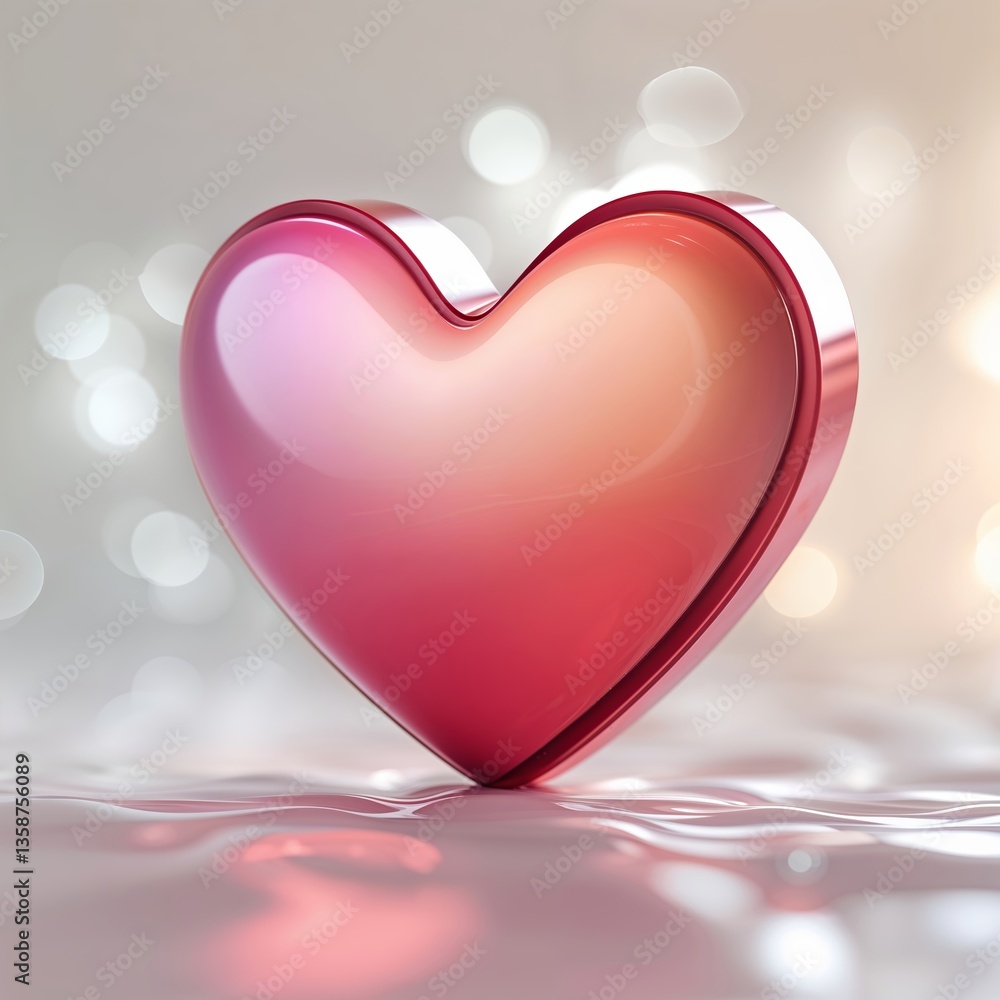 Poster colorful heart-shaped object glowing softly on a reflective surface with blurred background lights
