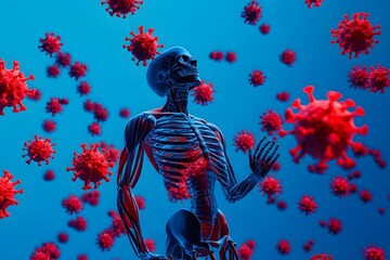 Obraz premium Human Body Surrounded by Virus Cells on Blue Background, AI-Generated
