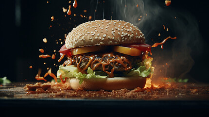 Dynamic freeze-frame image of a flying chicken steak burger with fiery background, perfect for food advertising and fast food promotions.

