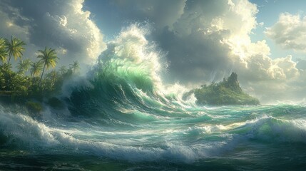 Tropical Island Stormy Waves