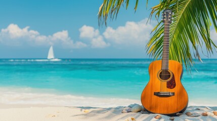 Acoustic guitar resting on sandy beach near turquoise water