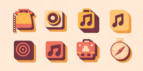 Retro-styled icons of vintage communication music and travel items