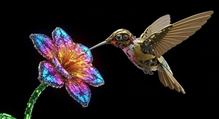 Obraz premium Mechanical Hummingbird in Flight Approaching a Luminous Flower