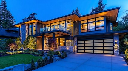 Fototapeta premium Contemporary luxury home illuminated by soft outdoor lighting reflecting off clean architectural lines under a deep blue evening sky. 