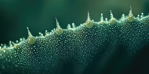 A macro shot of morning dew settling on the spines of a cactus, creating tiny beads of light against the textured green surface.