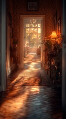 Fototapeta premium Sunlit Hallway Leading to a Plant Filled Room