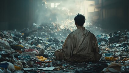 Fototapeta premium Young Child Sitting Amidst a Pile of Trash in a Dark, Gloomy Environment