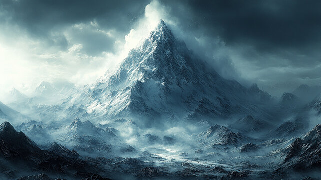 A realistic avalanche cascades down a towering mountain, symbolizing the powerful and forceful nature of this natural event, with billowing snow and raw, unstoppable energy.

