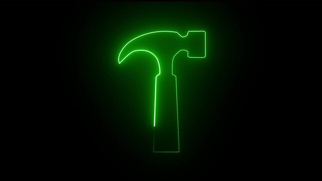 glowing neon Hammer icon animation on black background. 4k animation.