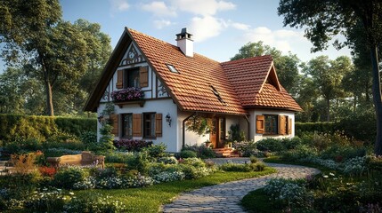 Cozy Bavarian-style house with a sloping roof decorative shutters and a stone path leading to the door on a peaceful German street.  