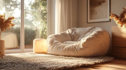 Cozy living room featuring a deep armchair, fluffy rug, and glowing floor lamp surrounded by soft neutral tones and warm textures.  