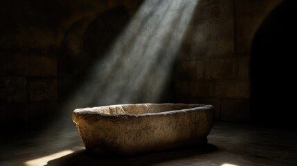 Ancient stone basin bathed in light