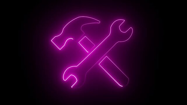 Animation of glowing neon sign Service tools, hammer and screwdriver, repair instruments, simple icon. Symbol of repair service. 4k animation.