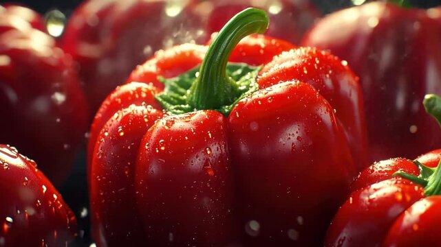 Fresh Red Bell Peppers Glistening with Water Droplets, Healthy Vegetables for Cooking, Nutrition, and Vibrant Culinary Presentations