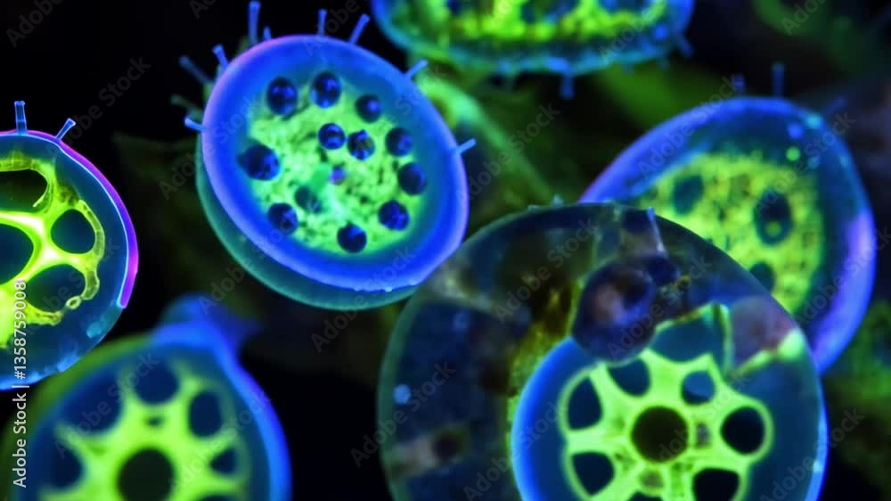 Poster colorful microscopic view of cell structures with intricate details showcasing vibrant patterns and 
