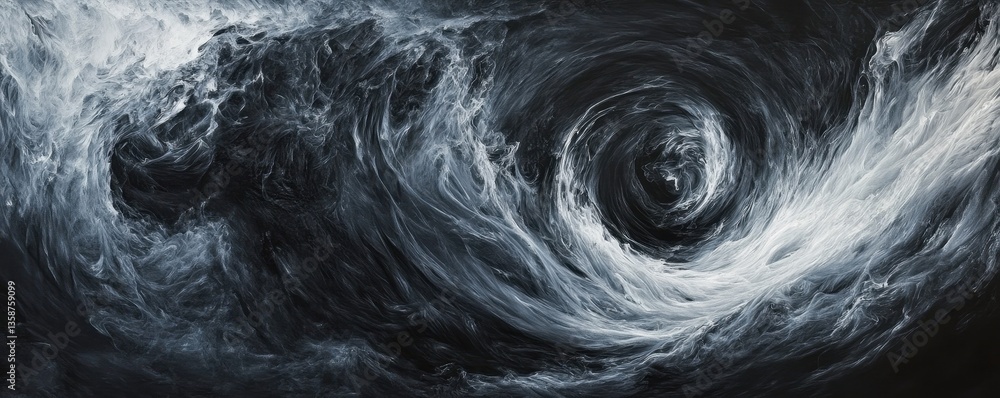 Poster a mesmerizing black and white vortex spirals dynamically against a deep black background, creating a