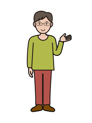 案内や説明をするイメージのインテリ風の若い男性の全身イラスト