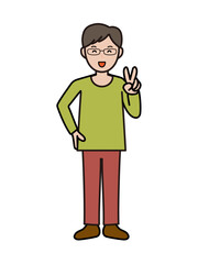 笑顔でピースをするインテリ風の若い男性の全身イラスト
